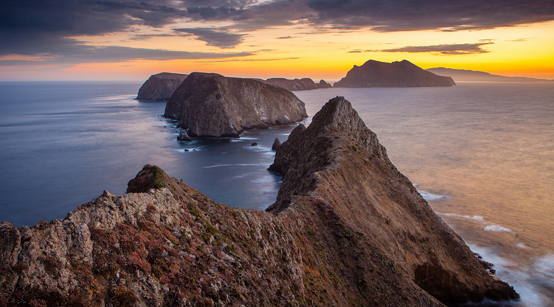 Inspiration Point, East Anacapa Island, California. View from East Anacapa looking toward Middle Anacapa at Sunset.