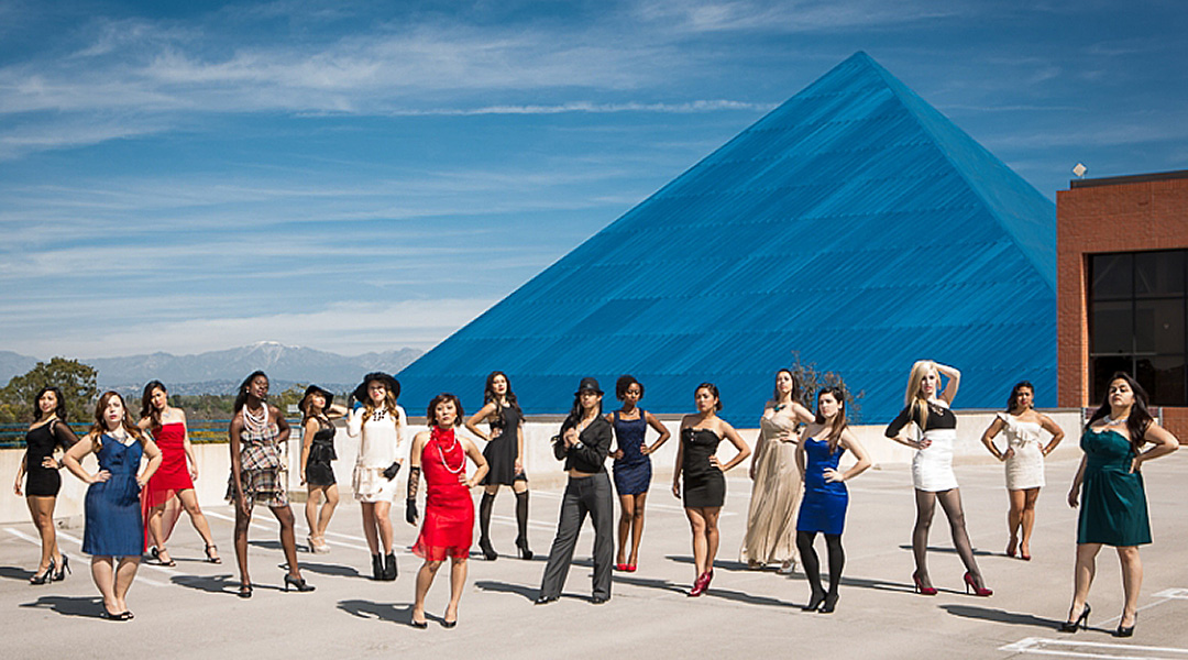 Photo of the Pac Modern team in front of the CSULB Blue Pyramid