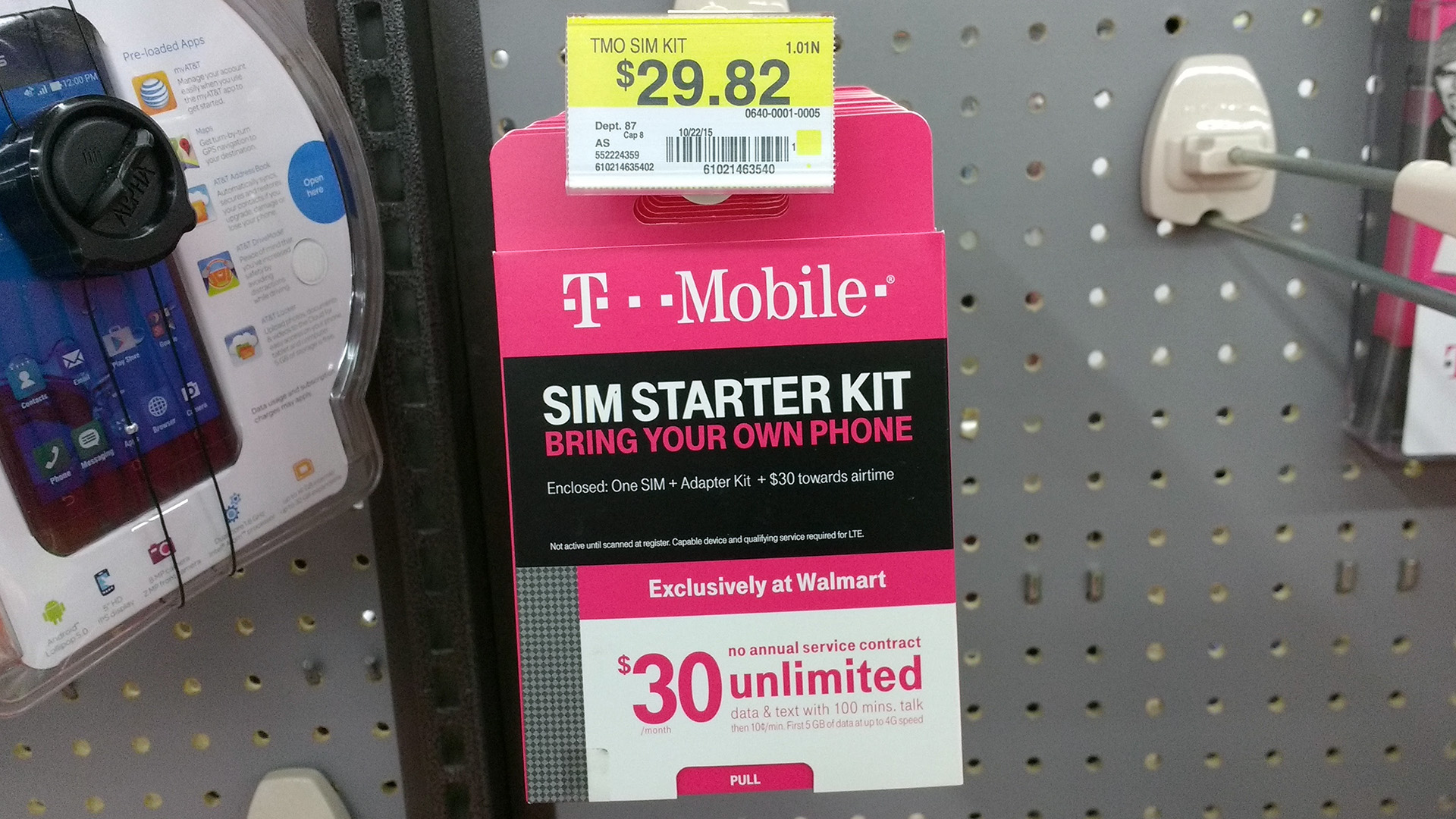 Photo of a T-Mobile "SIM Starter Kit" hanging on a rack at the Walmart store in Rosemead, CA
