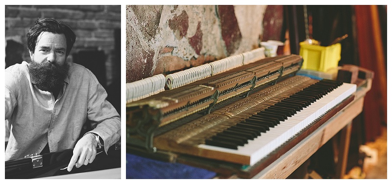 Photo diptych: a portrait of Rick Feck and a "portrait" of an upright piano