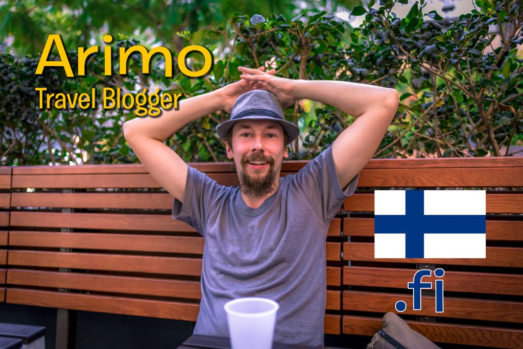 Arimo Kerkelä at Shake Shack on Hollywood Blvd in Los Angeles. Superimposed type reads "Arimo, Travel Blogger" and also includes a small flag of Finland and the Finland TLD ".fi"