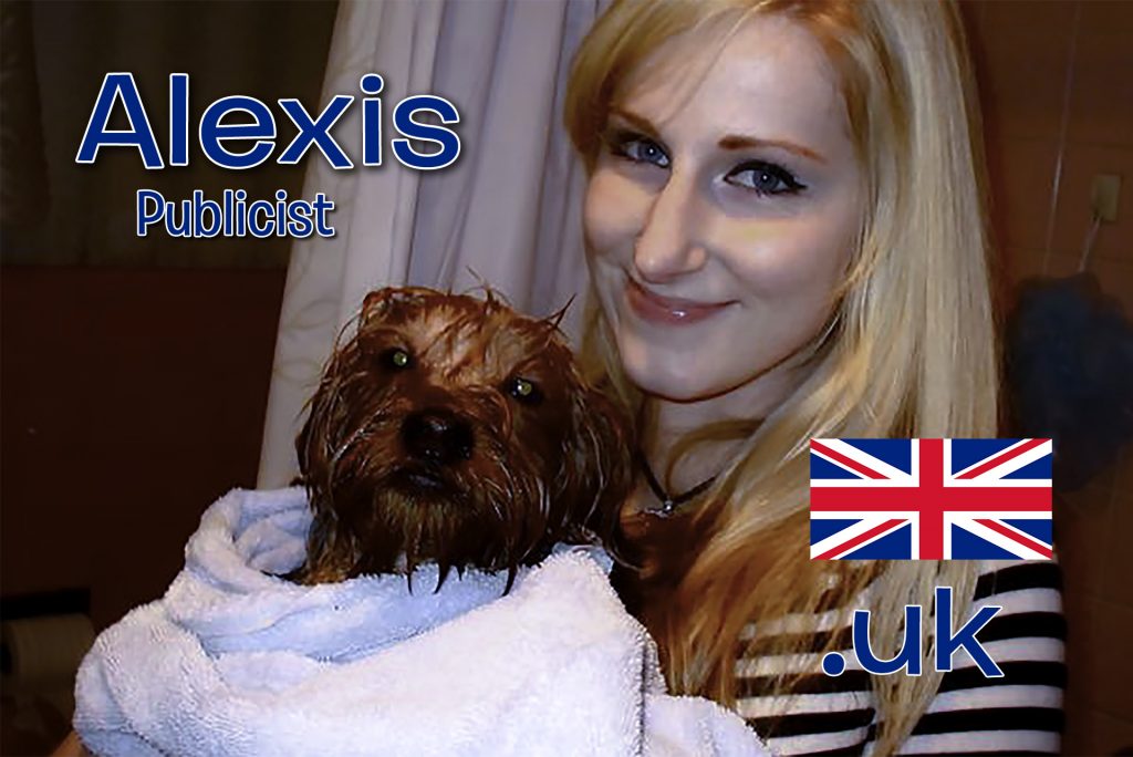 Alexis Smith holding a wet dog in a towel. With superimposed text "Alexis, publicist" and a UK flag and the UK tld ".uk"