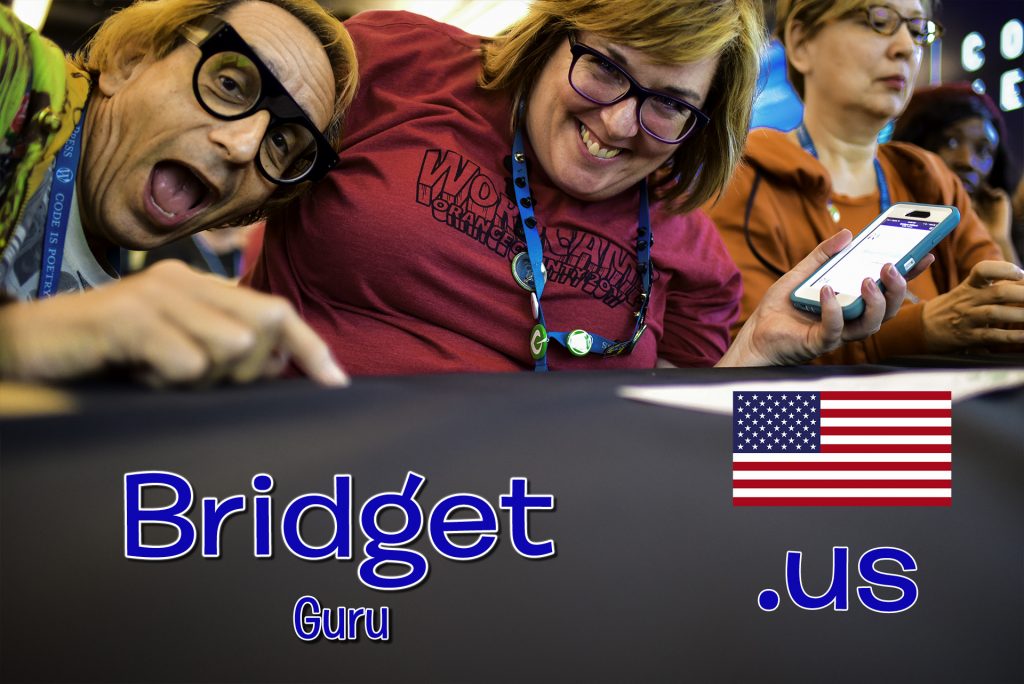 Bridget Willard & Glenn Zucman at WordCamp Orange County on the University of California at Irvine campus in summer 2017. The image has the superimposed text "Bridget: Guru" and an American flag and the United States TLD ".us"