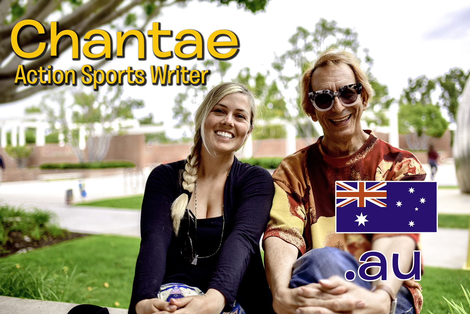 Chantae Reden and Glenn Zucman at the Coffee Bean & Tea Leaf at the University Student Union at Long Beach State University. Chantae and Glenn sit on a bench facing the camera and with their hands around their knees. Superimposed text reads, "Chantae: Action Sports Writer" and there is a small Australian flag and the TLD for Australia, ".au"