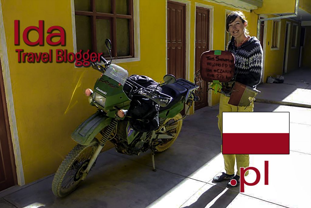 Ida standing next to a green motorcycle. Superimposed text reads "Ida, Travel Blogger". There is also a small flag of Poland and the TLD for Poland, ".pl"