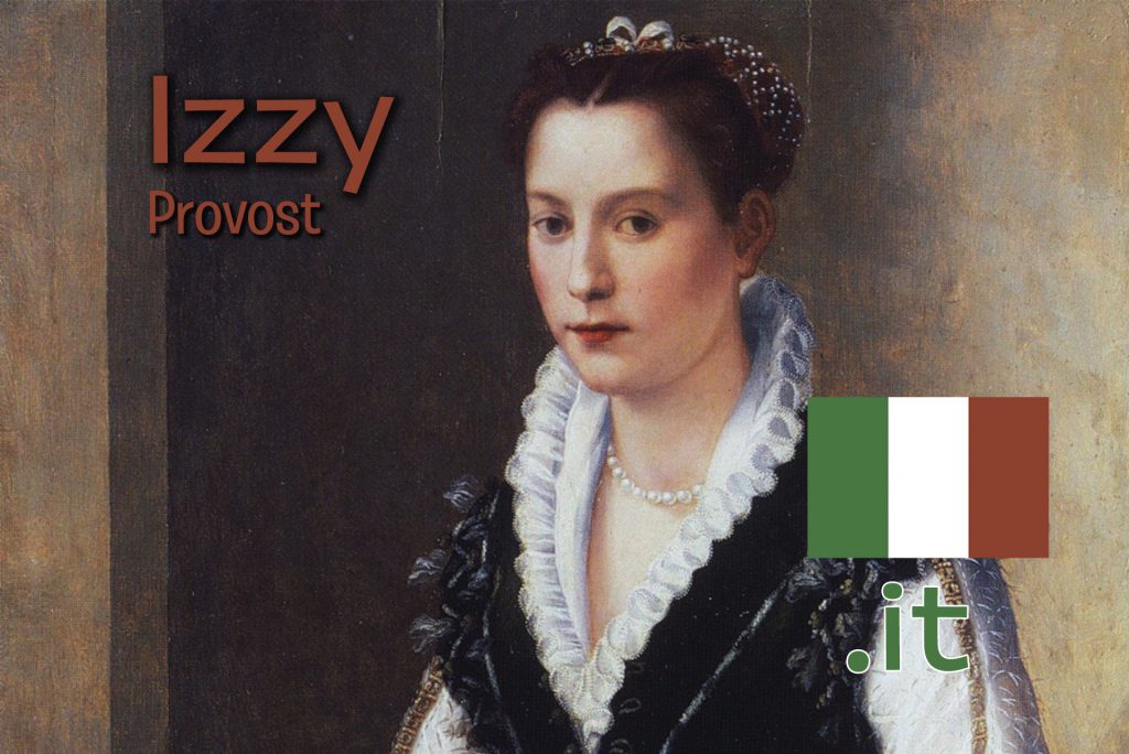 Portrait of Isabella "Izzy" Medici with the superimposed text "Izzy: Provost" and an Italian flag and the TLD for Italy, ".it"