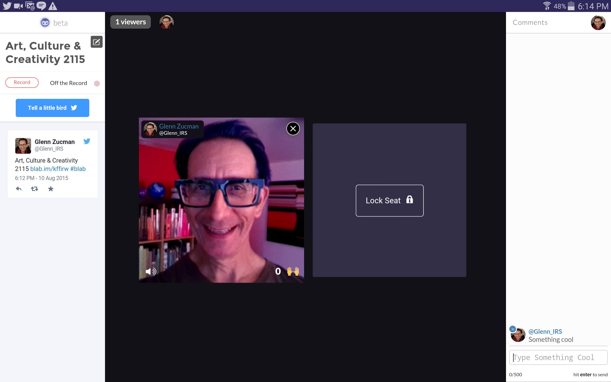 screencap of Blab streaming video app. Shows 4 video frames with chat on sidebar
