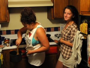 Csenge & Eszter cooking in my tiny kitchen