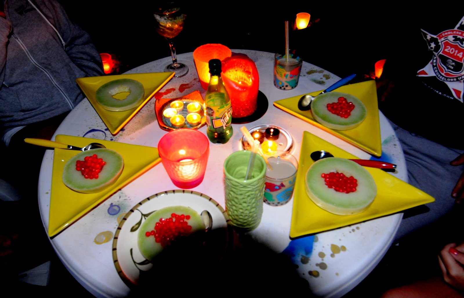 Dinner table photo of tapioca pearl & honeydew desserts