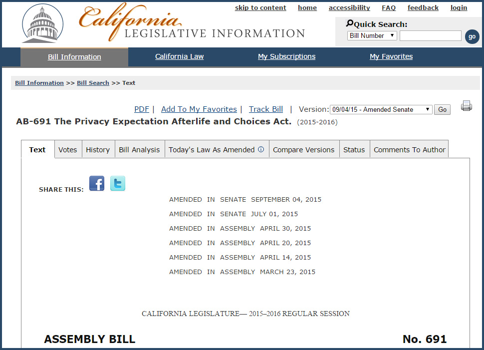 screen cap of California Legislature web page for AB691 -  The Privacy Expectation Afterlife and Choices Act (2015-2016)