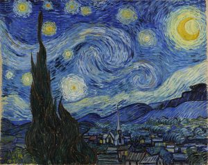 Vincent van Gogh's Starry Night painting featuring a post-impressionistic view of a blue-toned night sky