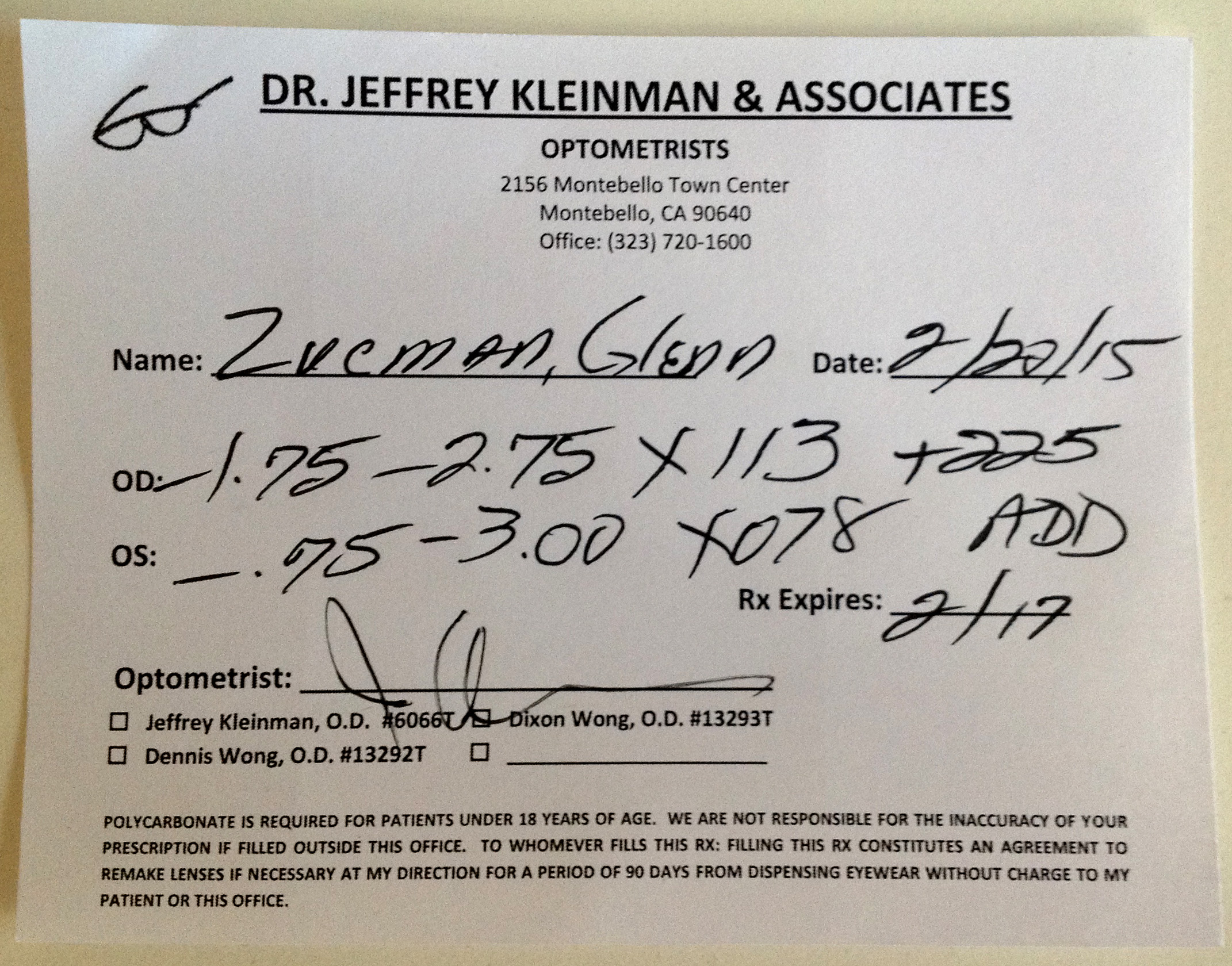 replacement prescription written by Dr. Jeffrey Kleinman & associates