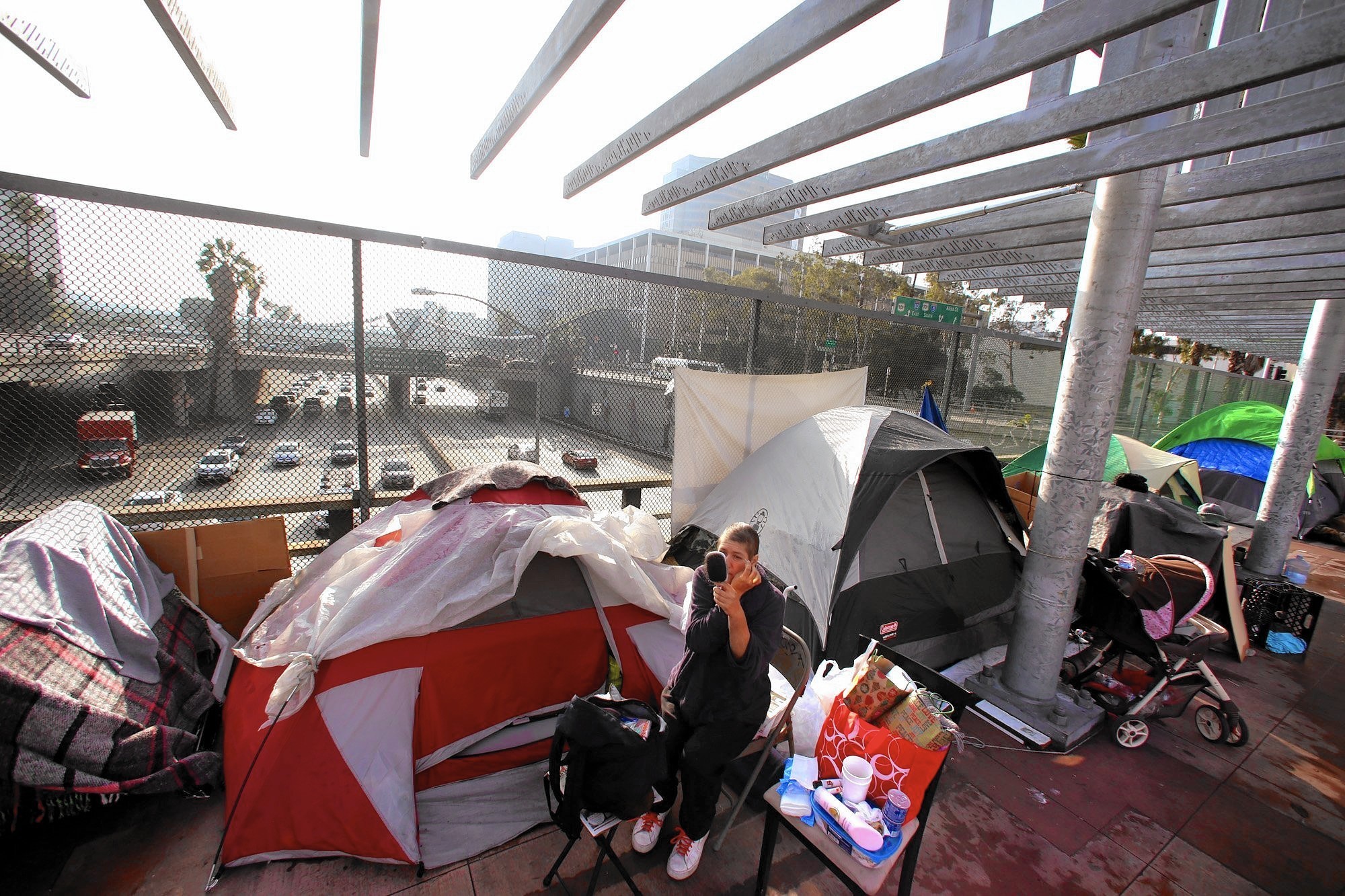 photo of tents on a Los Angeles freeway overpass
