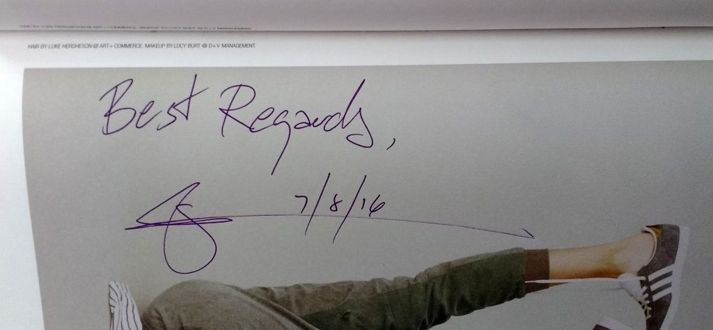 Glenn Zucman's signature, a photo of a hand-written signature on page 89 of Issue #44, Spring/Summer 2016, of Self Service magazine