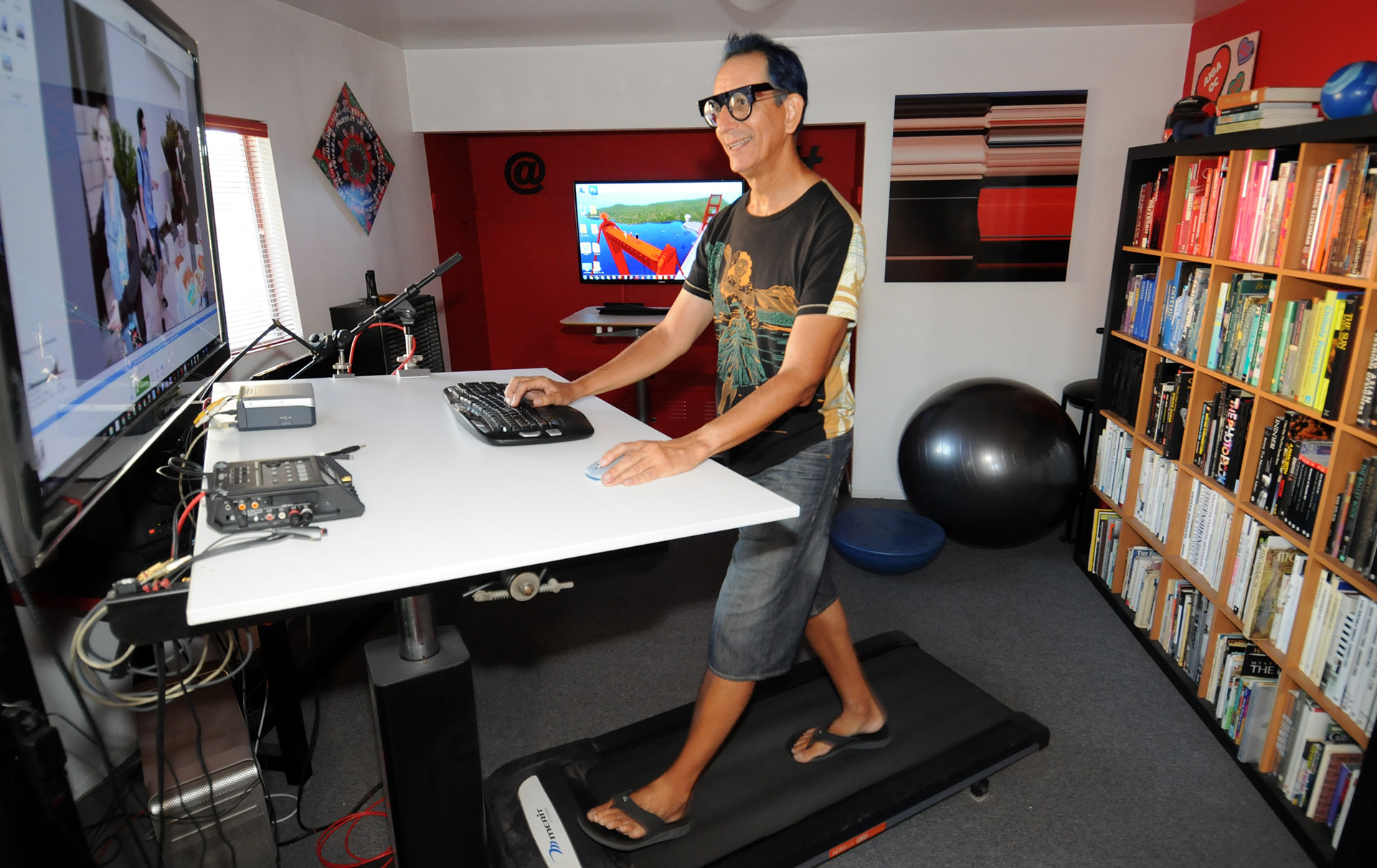 Glenn Zucman working on a Treadmill Desk with a 42" drafting table, 46" monitor, and nVidia GeForce 770 graphics workstation