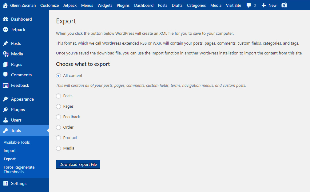 move WordPress: screen capture of the WordPress exporter