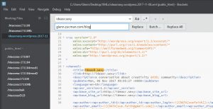 screen capture of Adobe Brackets code editor using the find/replace function