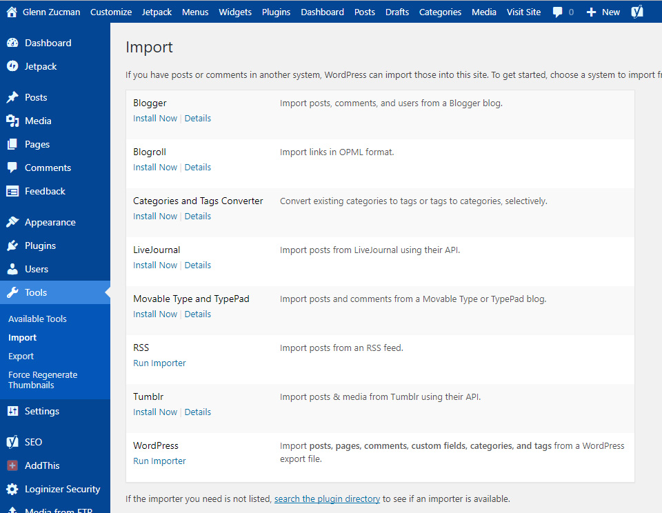 move WordPress: screen capture of WordPress Import Tool dialog box
