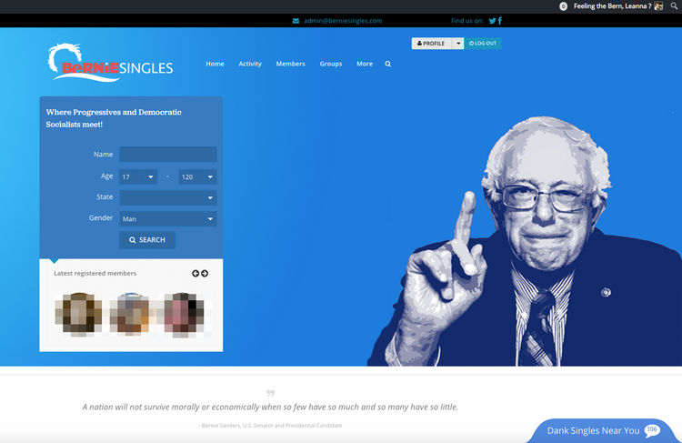 screen capture of the website "Bernie Singles.com"