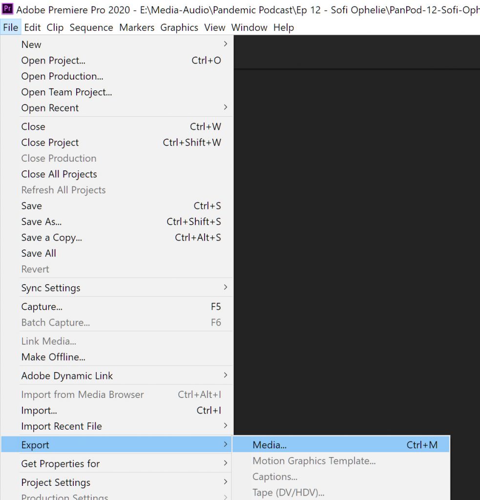 screen cap of Adobe Premiere showing the Media Export option on the File menu.