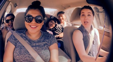 Photo of Stephanie Mejia, Diana Martinez, Anna Joy Floresca, C-Dawg & Allison Wendell riding in a car on their way to a Graffiti Writing Activity at the Venice Beach Legal Art Walls