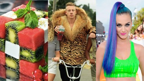 triptych of a food cube, Mackelmore in a fur coat, and Katy Perry with blue hair