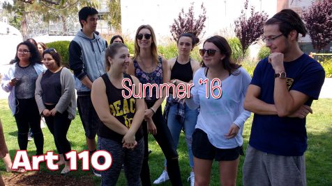 The words "Art 110, Summer '16" superimposed on a photo of students standing in a grassy area between building Fine Art 4 and the Art Gallery Courtyard, at California State University, Long Beach, School of Art, May 2016