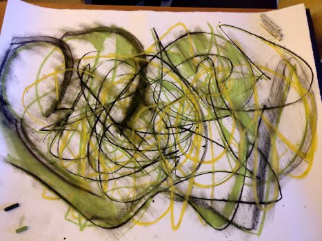 pastel drawing in yellow, green & black