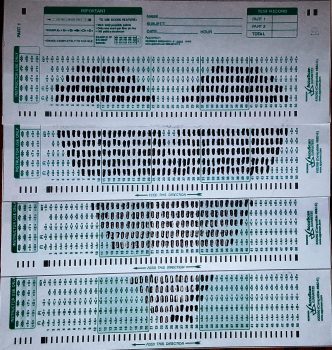 4 scantron test forms put together and then used as a grid drawing space. A large heart is made by bubbling in the appropriate answer squares