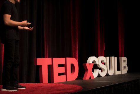 photo of the TEDxCSULB stage with the name "TEDxCSULB" in large, dimensional letters