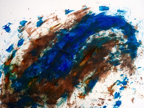 a dynamic finger painting on paper with a robust brown mass being swirled around by energetic blue waves of color