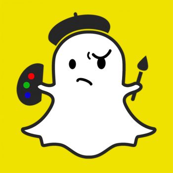 The familiar Snapchat ghost wearing an artist's beret and holding a paint brush and an artist's pallet