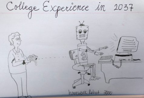 pencil drawing of a person using a remote control to instruct a robot to do homework on a computer