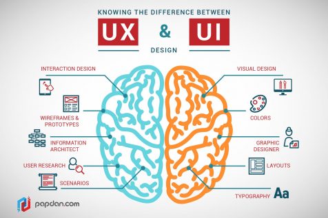 image of a brain divided into UX and UI