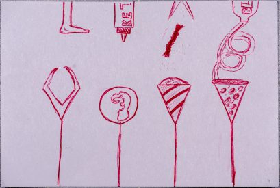 drawing of different items in balloons and floating from strings. Drawing in red ballpoint pen