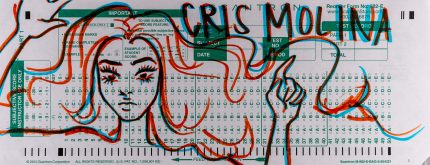 Cris Molina's Scantron Midterm. In this drawing Molina uses the length of a scantron 882-e form to do a drawing of a woman with wide, flowing hair. The drawing is in orange and blue hiliter