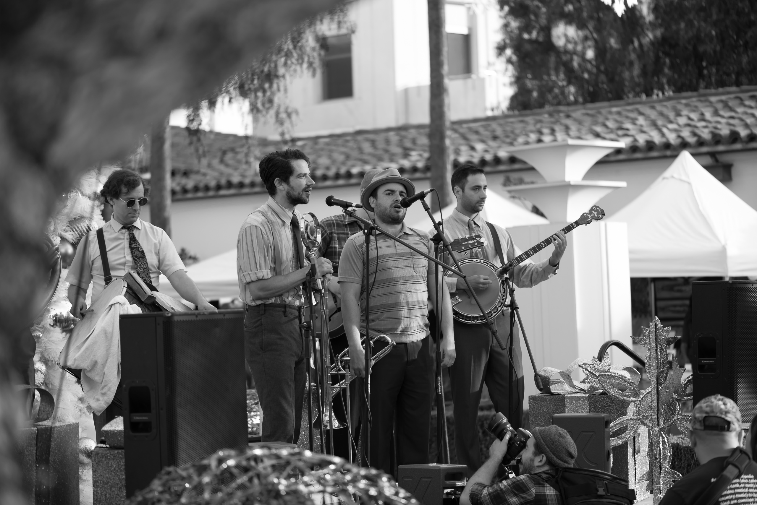 The California Feetwarmers jazz band performing on an outdoor state at Union Station in Downtown Los Angeles
