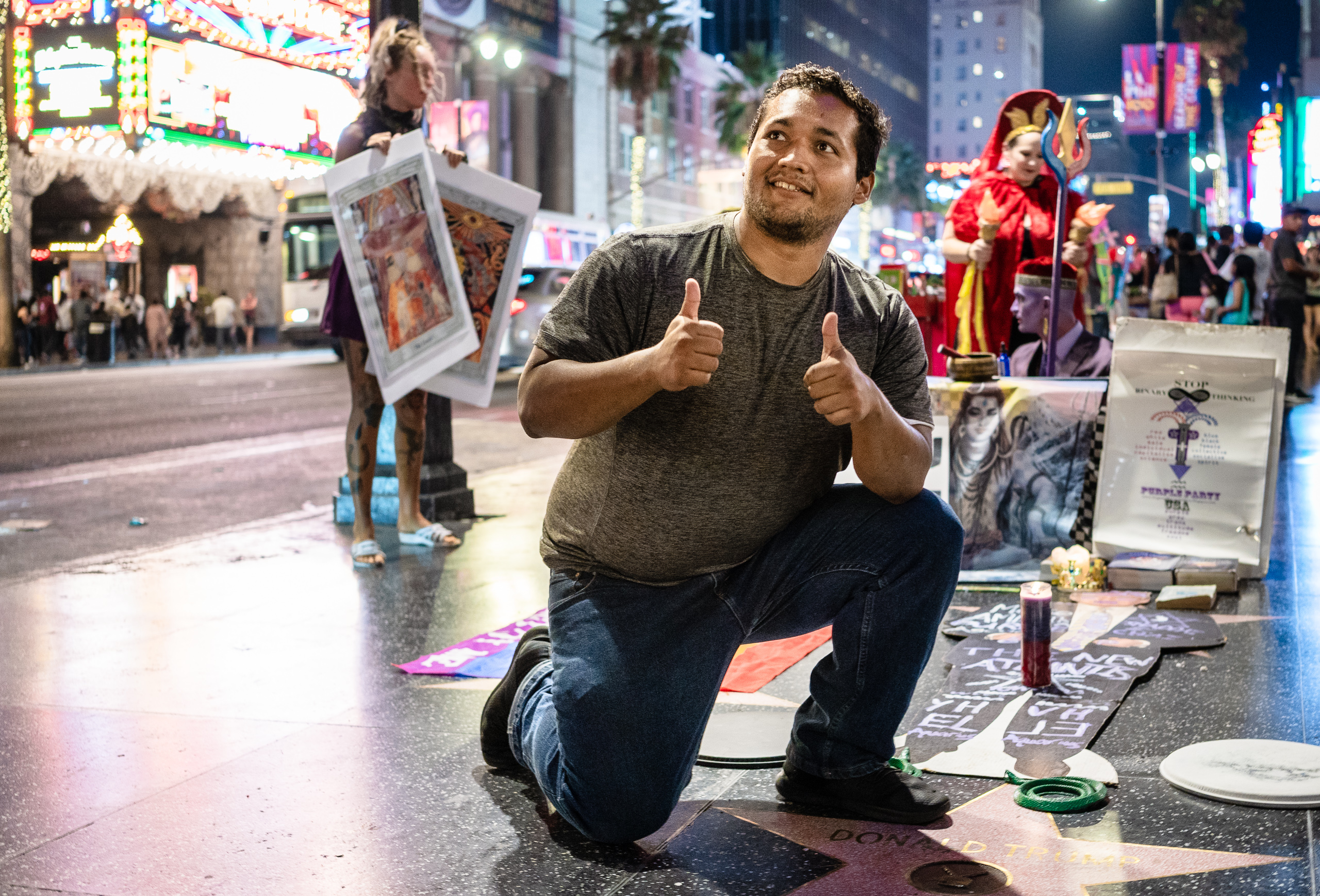 Activities at Donald Trump's Star on Hollywood Boulevard on Saturday 8 September 2018, featuring a Purple Party performance, "Shiva NonDuality Mantras @ Hollywood Trump Star"