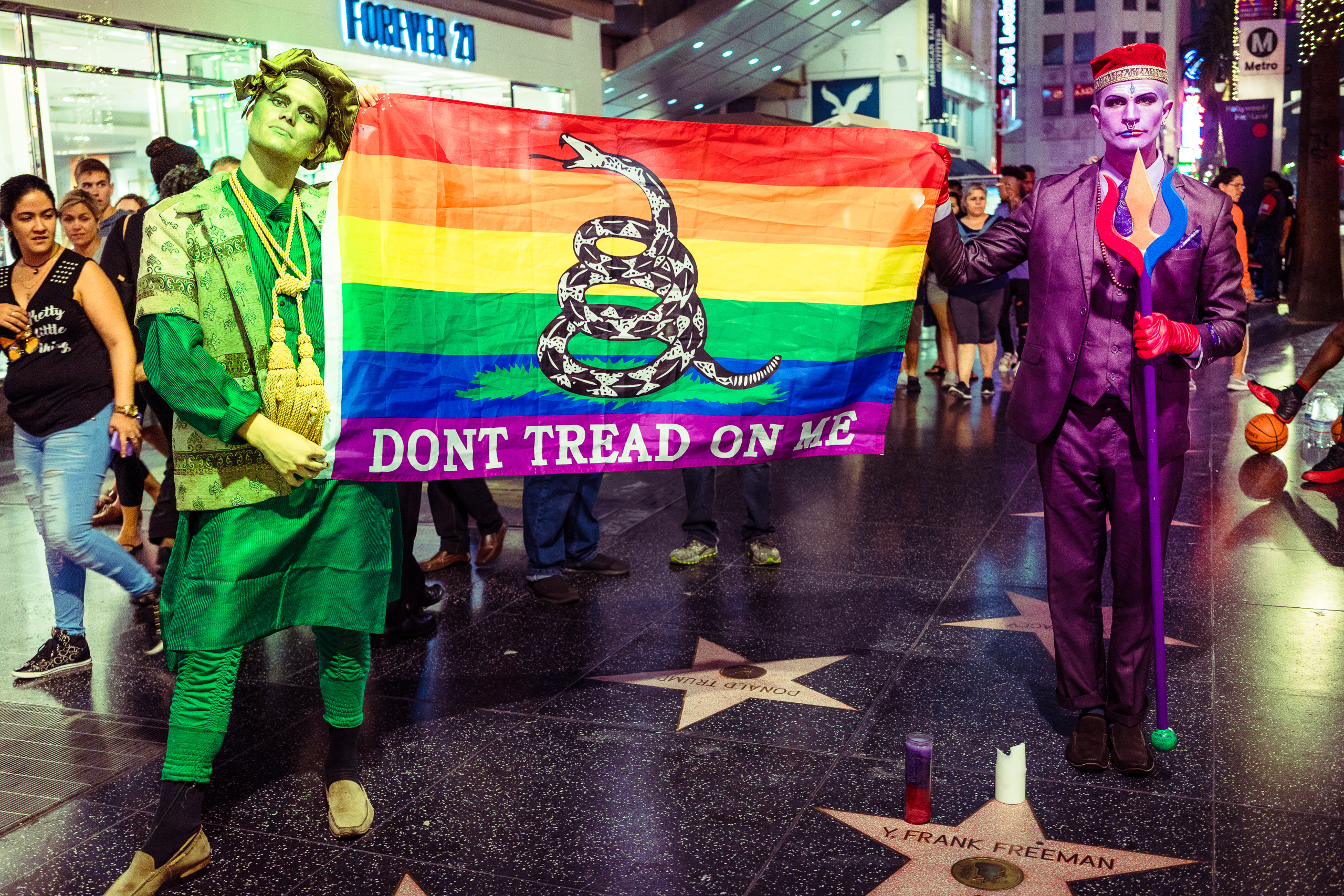 Activities at Donald Trump's Star on Hollywood Boulevard on Saturday 8 September 2018, featuring a Purple Party performance, "Shiva NonDuality Mantras @ Hollywood Trump Star"