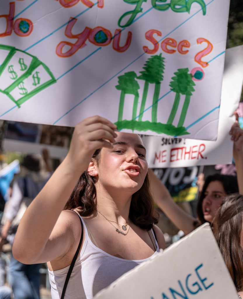 Sophie Sternberg, 15, from Santa Monica High School marches in the Youth Climate Strike at Los Angeles City Hall on Friday, March 15, 2019. Sternberg said she attended the march because "I’m here today because I want to be alive in 20 years." "Fridays for the Future" is organized by 16-year-old Swede Greta Thunberg. The Los Angeles Youth Climate March is organized by 17-year-old Los Angeleño Arielle Martinez-Cohen. (Glenn Zucman/The Corsair)