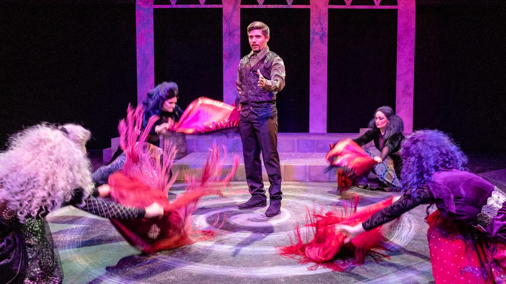 Ángel Ádan Salas (Macbeth) Is Enticed By The Witches As He Contemplates Killing King Duncan In A Rehearsal For Flamenco Macbeth On The SMC Studio Stage On Thursday, April 25, 2019. Flamenco Macbeth Is An Adaptation From Shakespeare By SMC Theatre Arts Department Chair Perviz Sawoski. Performances Are In The SMC Studio Stage On April 26, 27, 28, And May 3, 4, 5. (Glenn Zucman/The Corsair)