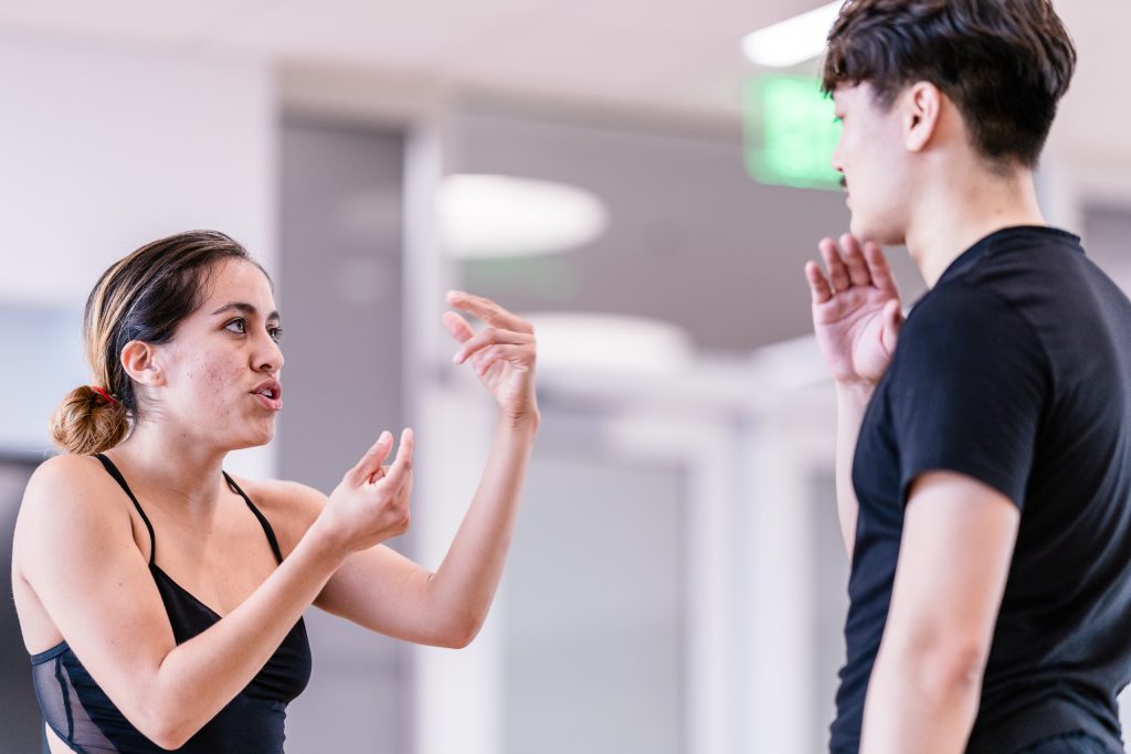 SMC Choreographer Julisa Figueroa And Dancer Taylor Sun Discuss A Sequence In Figueroa’s New Work For Synapse Dance Theater In SMC’s Core Performance Center On Thursday, April 25, 2019. Synapse Dance Theater Will Be Performed On The Broad Stage At SMC’s Performing Arts Center On Friday And Saturday, May 24 And 25. (Glenn Zucman/The Corsair)