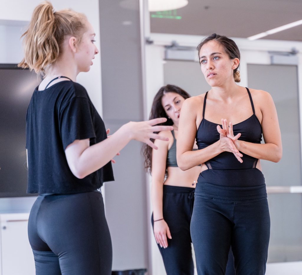 SMC Dancer Brittany Ganiere And Choreographer Julisa Figueroa Discuss A Sequence In Figueroa’s New Work For Synapse Dance Theater In SMC’s Core Performance Center On Thursday, April 25, 2019. Synapse Dance Theater Will Be Performed On The Broad Stage At SMC’s Performing Arts Center On Friday And Saturday, May 24 And 25. (Glenn Zucman/The Corsair)