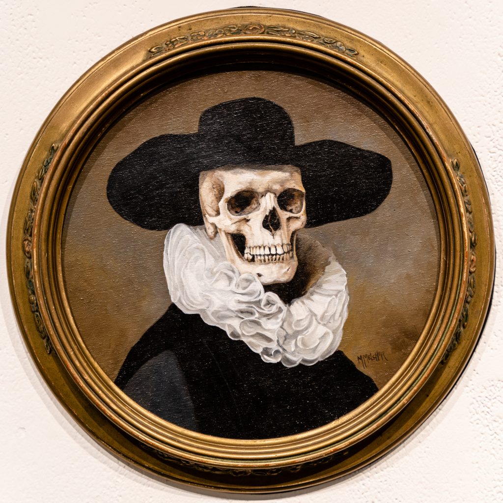 Man With Hat, 2019, Oil On Birch Wood In Antique Victorian Frame, 9" Diameter, $850, By Michele Melcher, In The Group Portrait Exhibition Onward At La Luz De Jesus Gallery In Los Angeles On Friday, May 3, 2019. Melcher's Husband Brian Isserman Described That They Shop For The Antique Frames First, Then Prepare A Wood Panel To Fit The Frame, And Then Melcher Begins Her Painting. Two Shows Are Running At La Luz De Jesus From May 3 To June 2: Matthew Couper's Solo Exhibition In Memory Of Water, And The Group Portrait Show Onward Featuring Artists Michele Melcher, Baldur Helgason, Yeo Kaa, Valery Pobjoy, And Sung Jik Yang. (Glenn Zucman/The Corsair)