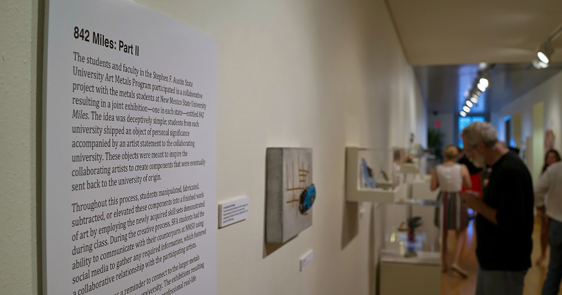 photo of an art exhibition: in the foreground is an artist's statement on the wall, and then receding into an out-of-focus background are various artworks on exhibition